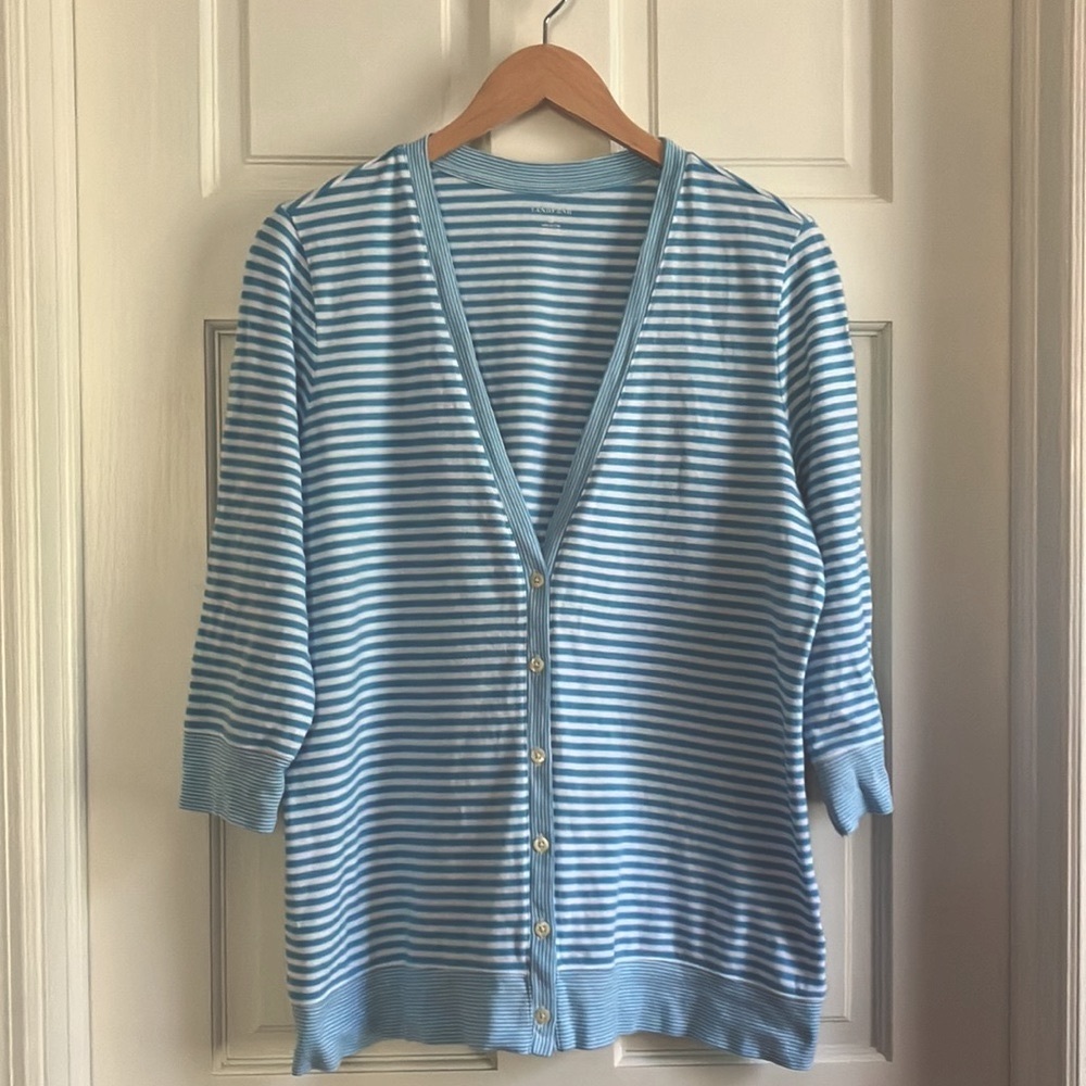 Lands’ End Cardigan Cotton Sweater Blue & White Stripe 3/4 Sleeves XL, 0X